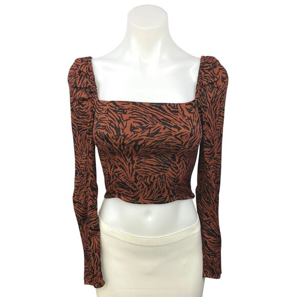 & Other Stories Brown Smocked Animal Zebra Print Square Long Sleeve Crop Top 0 - Picture 5 of 9